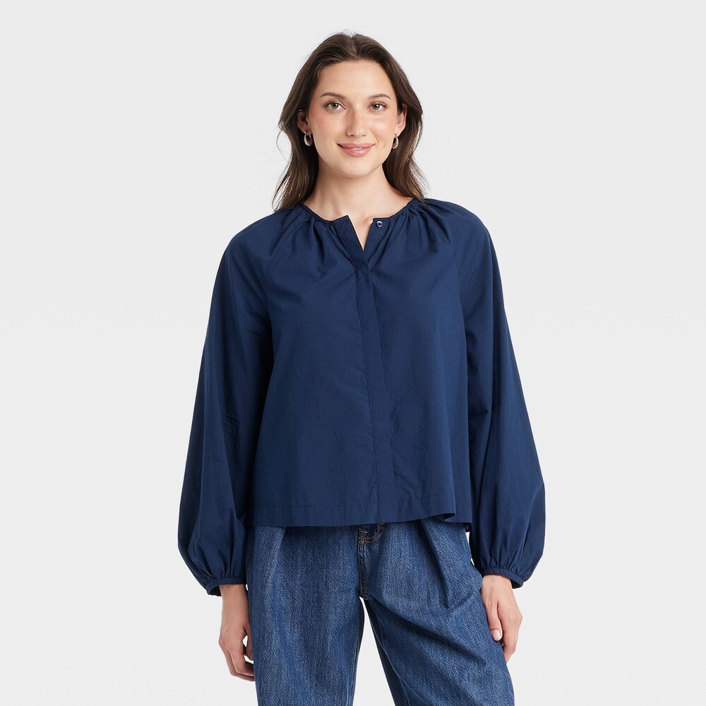 Balloon Long Sleeve Blouse - Navy Blue XS
